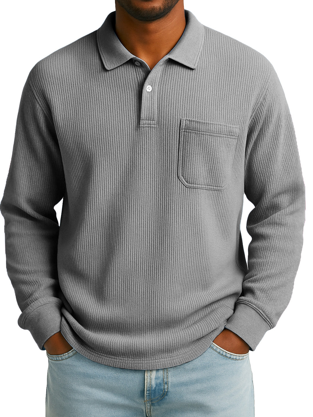 Men's Stylish Everyday Casual Corduroy Fabric Pocket Lapel Long-sleeved Polo Shirt 