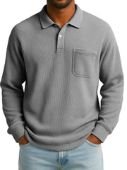Men's Stylish Everyday Casual Corduroy Fabric Pocket Lapel Long-sleeved Polo Shirt 