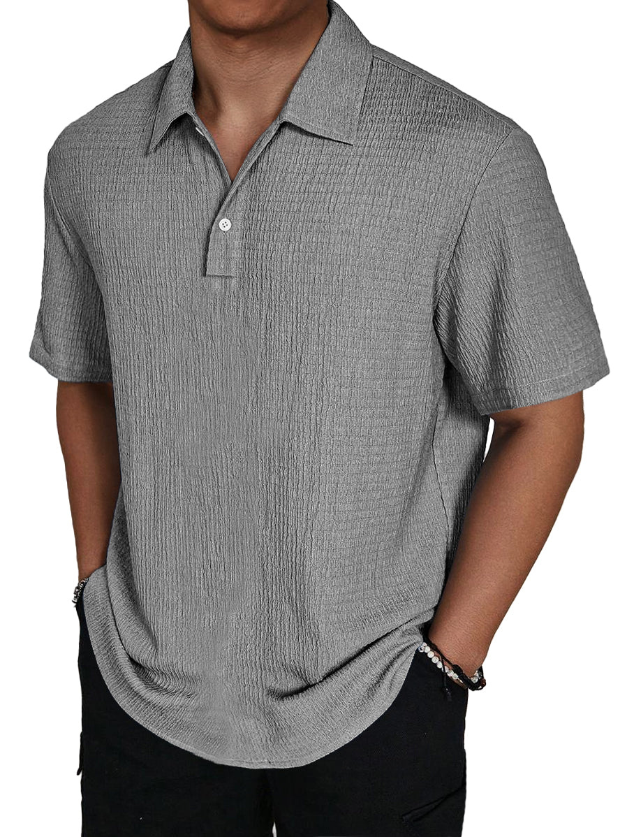 Men's Fashion Texture Lapel Button Casual Solid Color Short Sleeve POLO Shirt