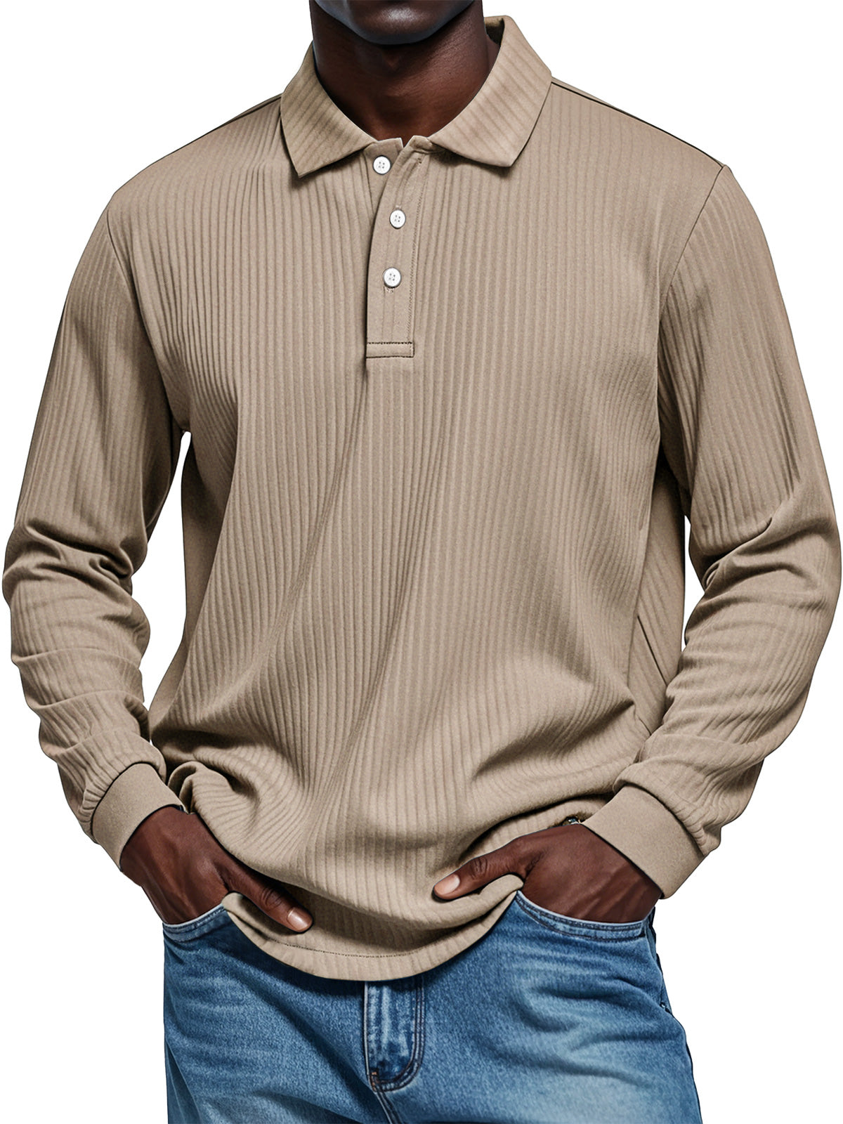 Men's Pit Texture Casual Button Solid Color Long-sleeved Polo Shirt