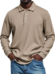 Men's Pit Texture Casual Button Solid Color Long-sleeved Polo Shirt