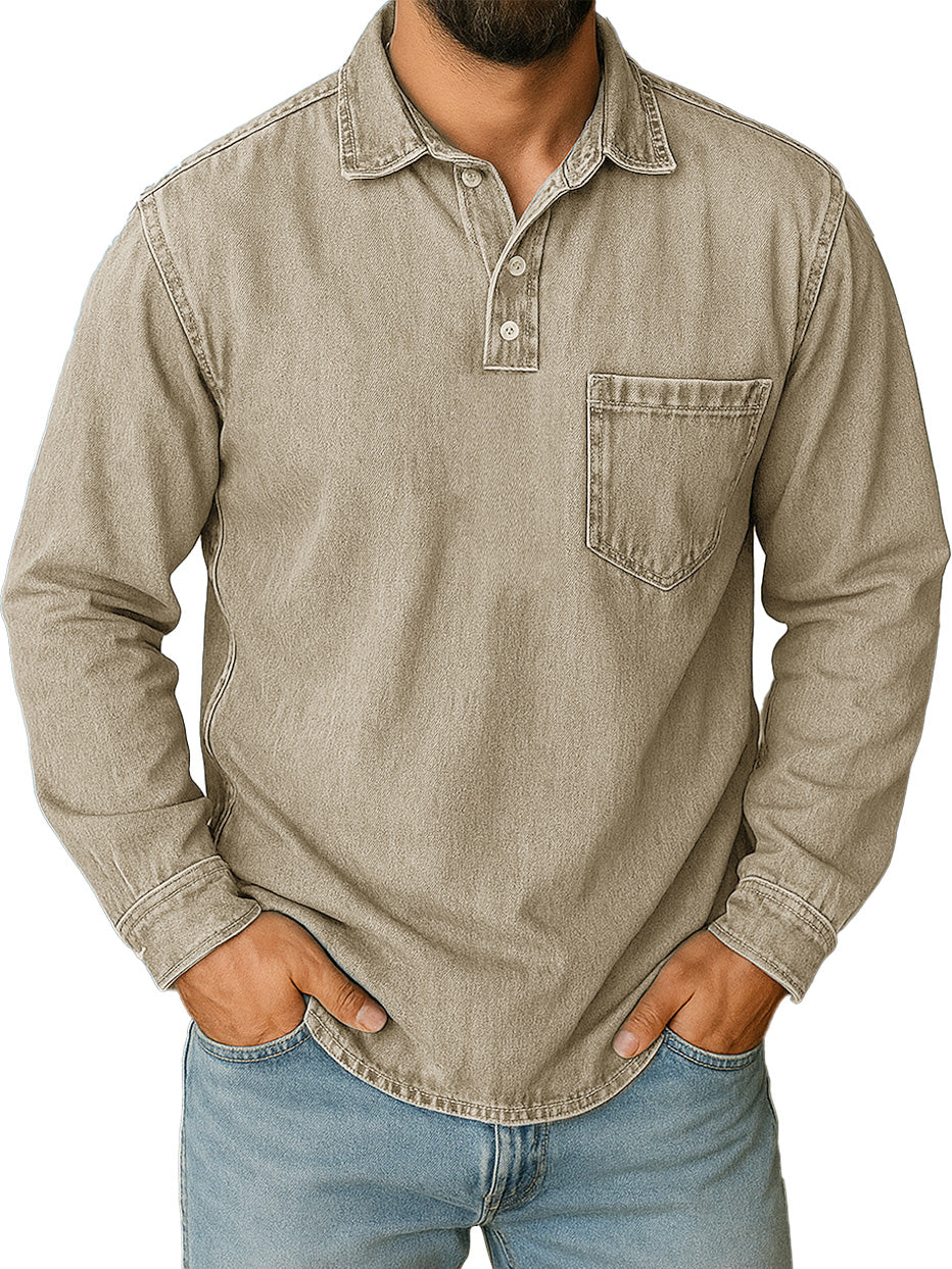 Men's Stylish Vintage Distressed Pocket Lapel Long-sleeved Polo Shirt 