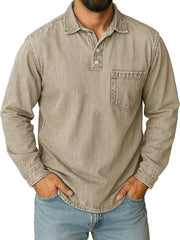 Men's Stylish Vintage Distressed Pocket Lapel Long-sleeved Polo Shirt 