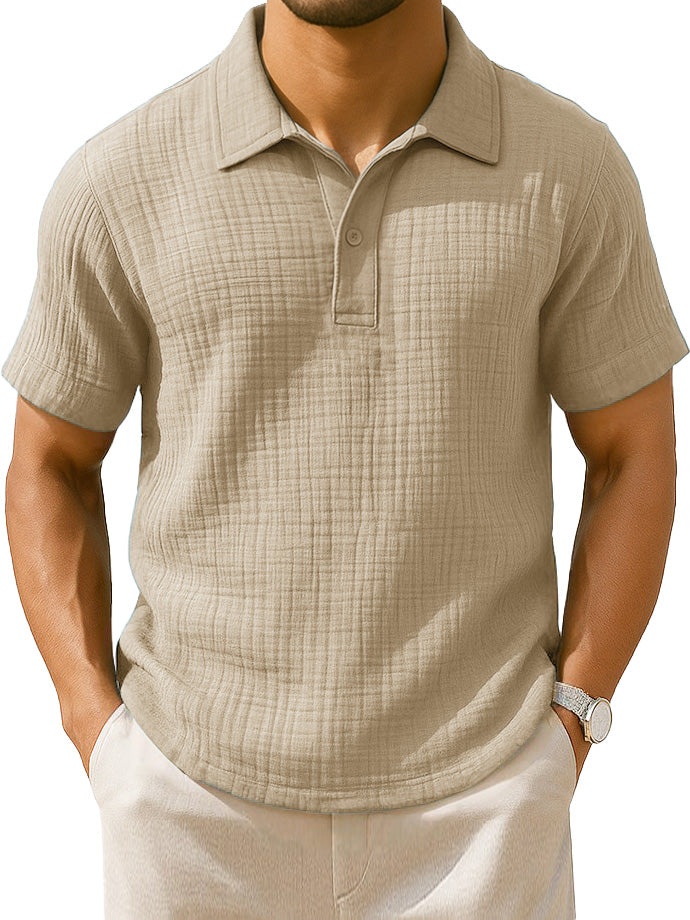  Men's Clothing Fashionable Casual Jacquard Pleated Fabric Lapel Short-sleeved Loose Polo Shirt 