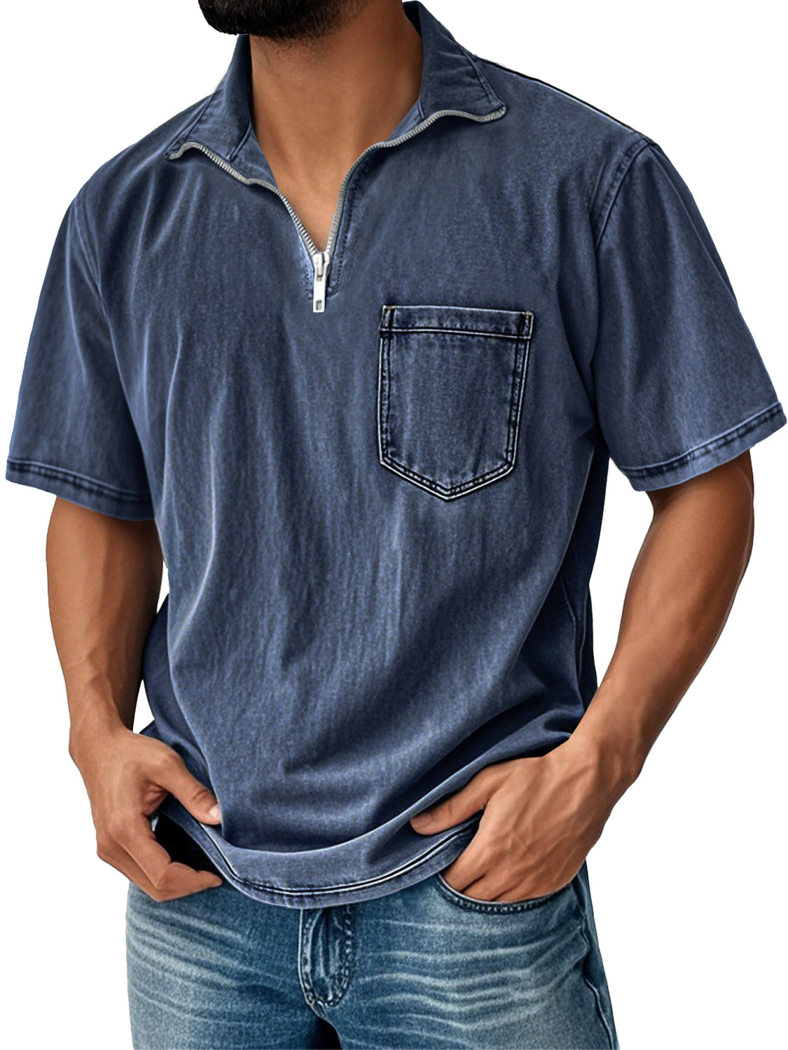 Men's Retro Daily Stand Collar Zipper Pocket Casual Short Sleeve T-shirt