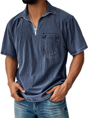 Men's Retro Daily Stand Collar Zipper Pocket Casual Short Sleeve T-shirt