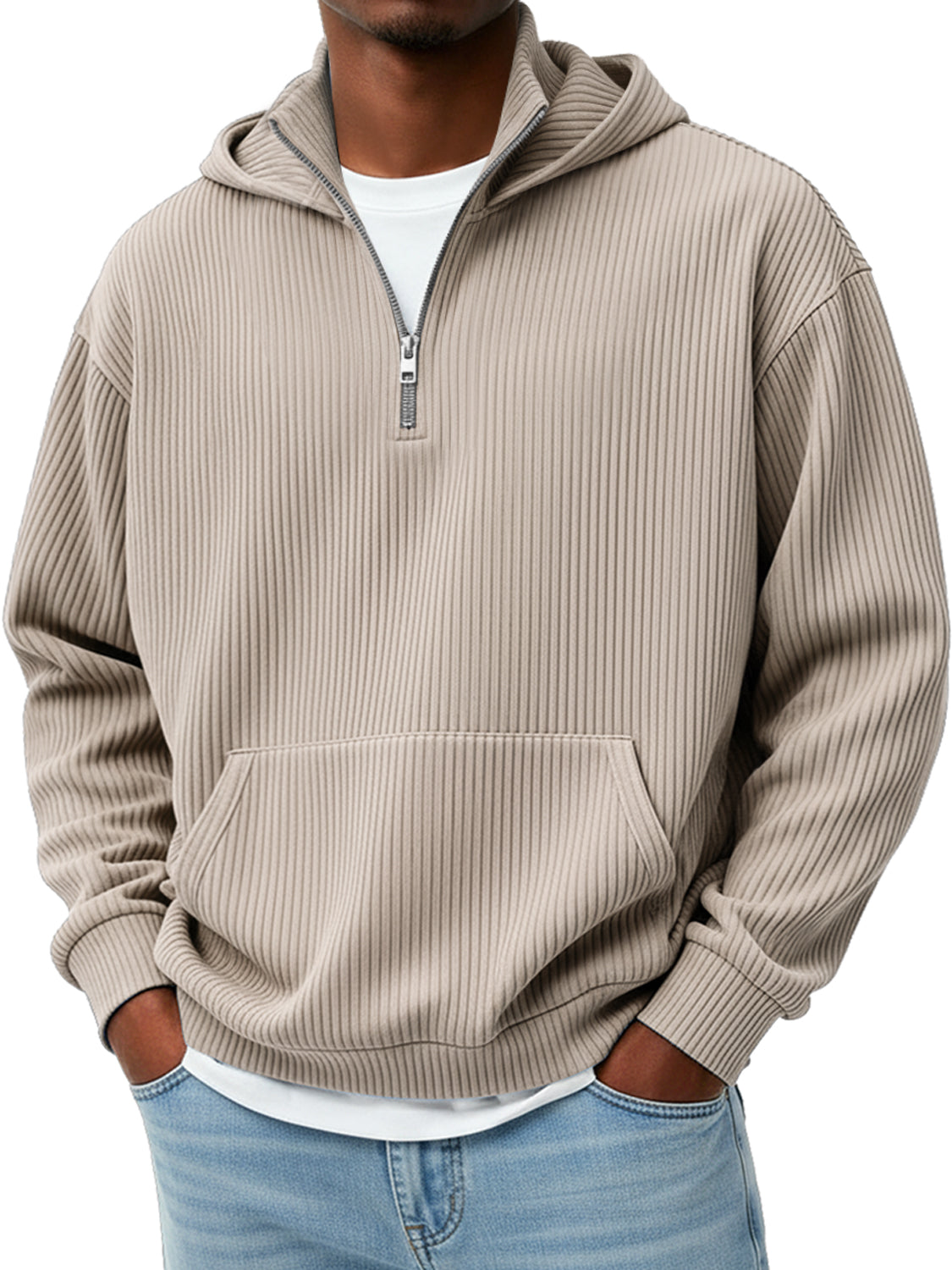 Men's Pit Stripe Stand Collar Zipper Casual Loose Hooded Sweatshir