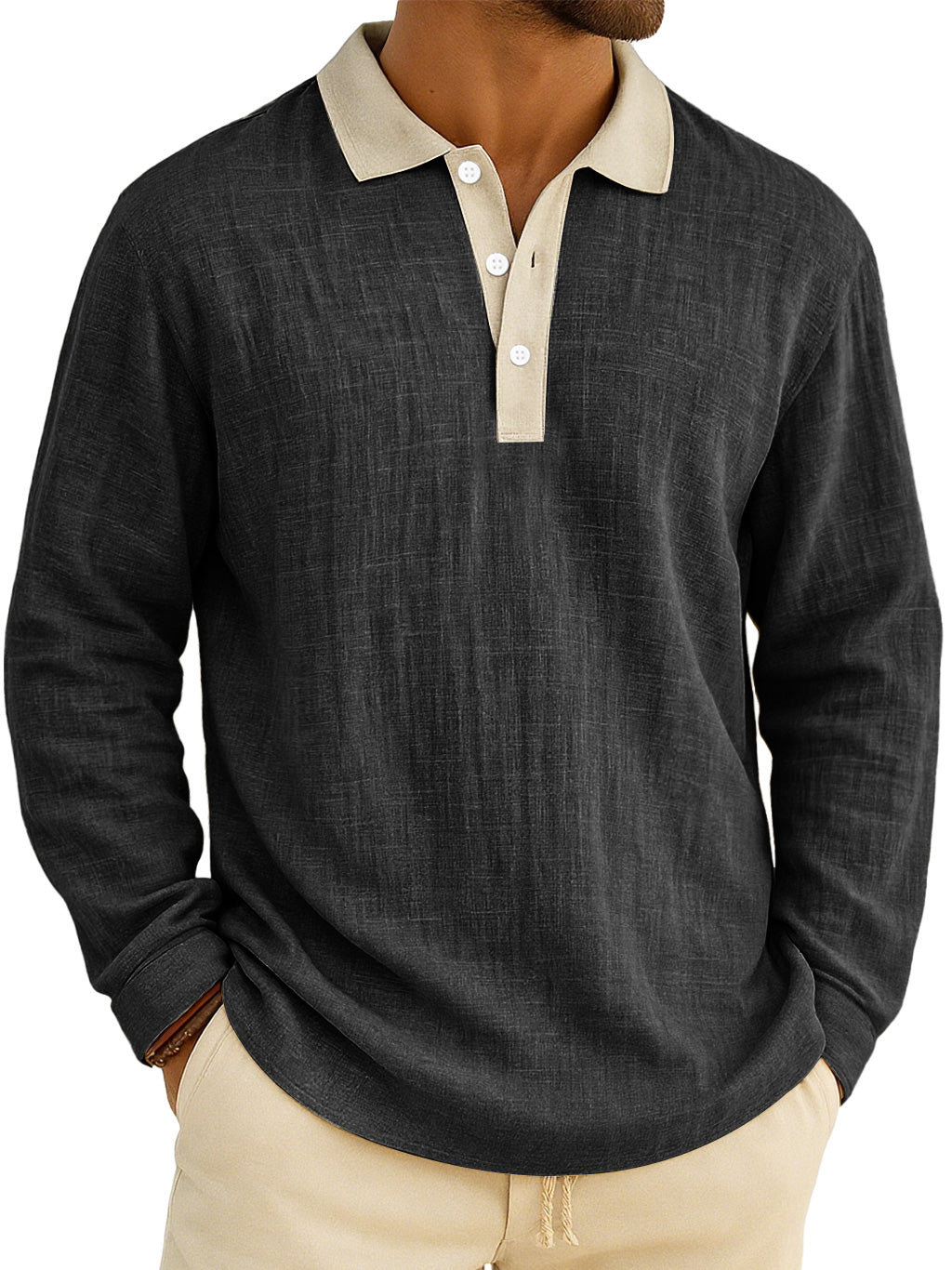 Men's Retro Everyday Colorblock Lapel Button Comfort Long Sleeve Polo Shirt