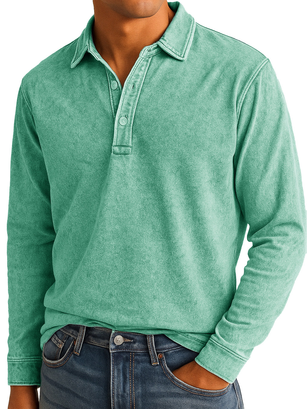 Men's Stylish Vintage Washed And Distressed Lapel Long-sleeved Polo Shirt 