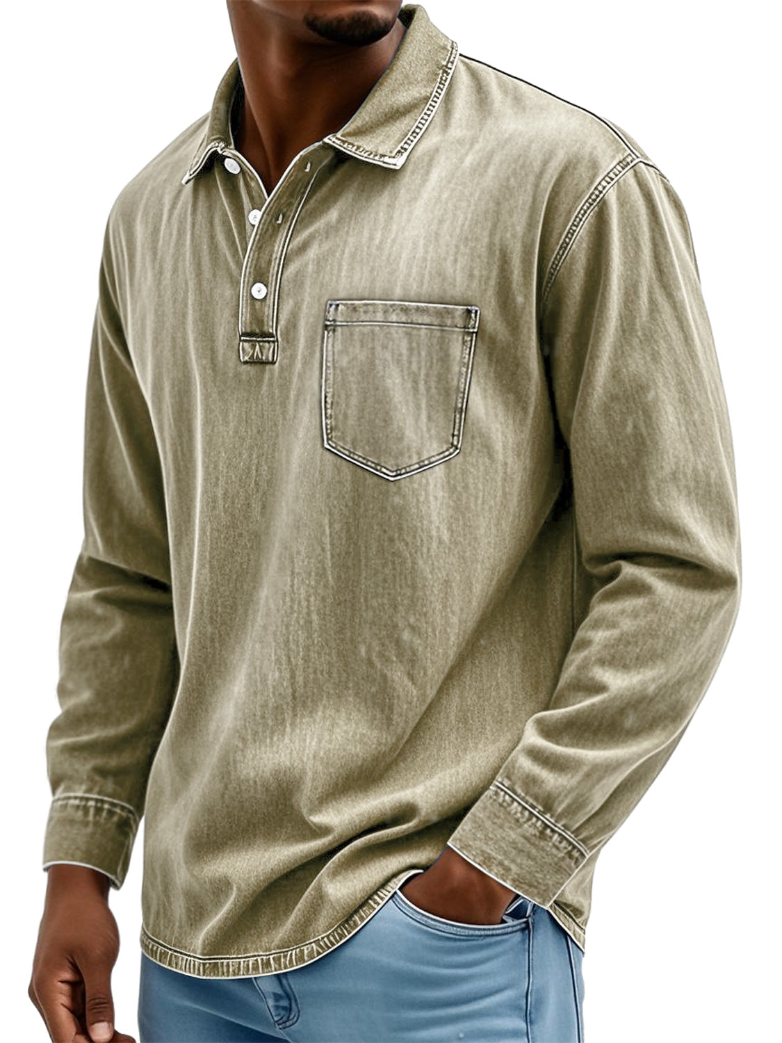 Men's Vintage Cotton Washed Lapel Button Casual Long Sleeve Polo Shirt