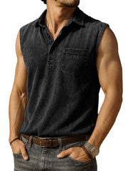 Men's Fashion Retro Distressed Pocket Lapel Sleeveless Polo Shirt 
