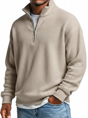 Men's Everyday Waffle Stand Collar Zipper Casual Long Sleeve T-shirt
