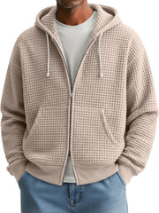 Men's Fashion Waffle Texture Casual Loose Hooded Zipper Jacket