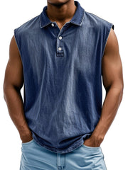 Men's Retro Casual Lapel Button Solid Color Loose Sleeveless POLO Shirt