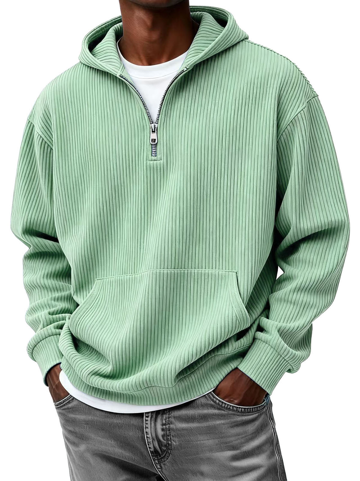 Men's Clothing Fashionable Casual Pit Strip Fabric Zipper Pockets Hooded Long-sleeved Sweatshirt 