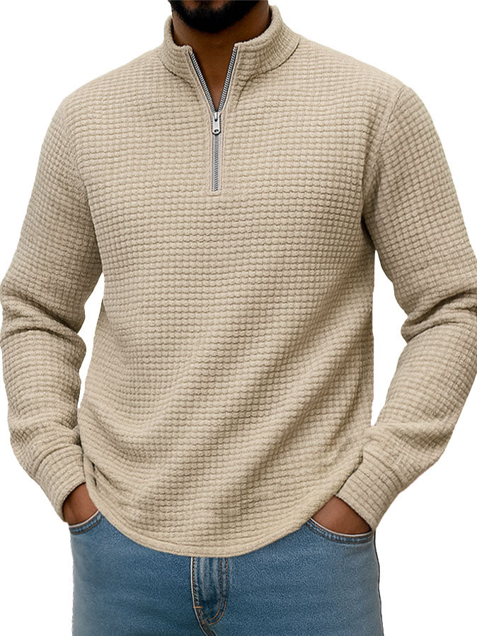  Men's Stylish Casual Corn-patterned Corduroy Fabric Stand-up Collar Half-zip Long-sleeved Sweatshirt 
