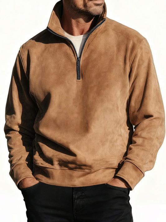 Men's Stylish Casual Suede Fabric Stand-up Collar Half-zip Long-sleeved Sweatshirt 
