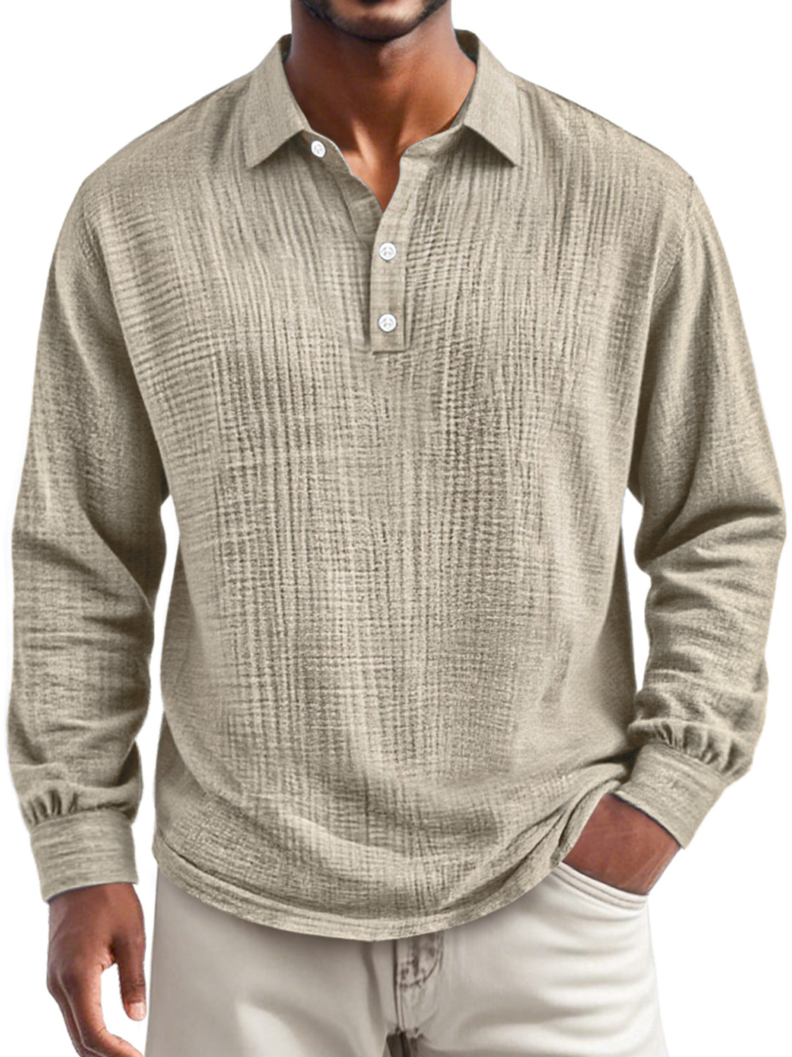 Men's Everyday Pleated Lapel Button-down Casual Long-sleeved Polo Shirt