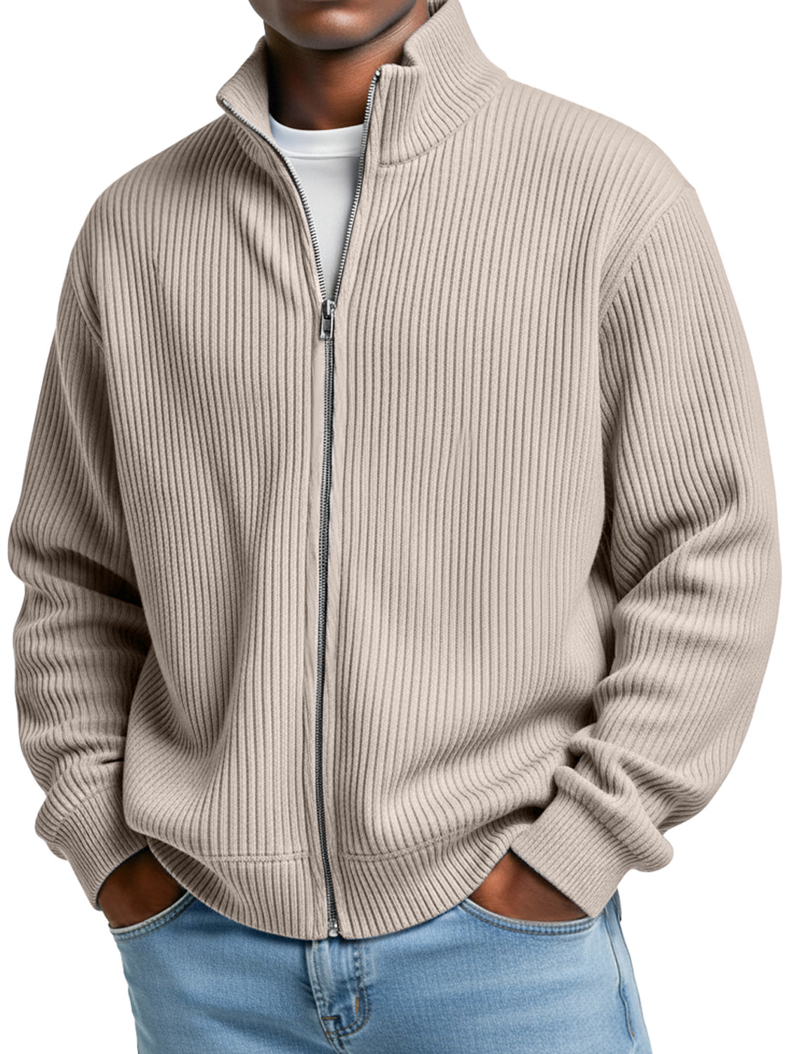 Men's Simple Stand-up Collar Ribbed Casual Loose Zipper Jacket