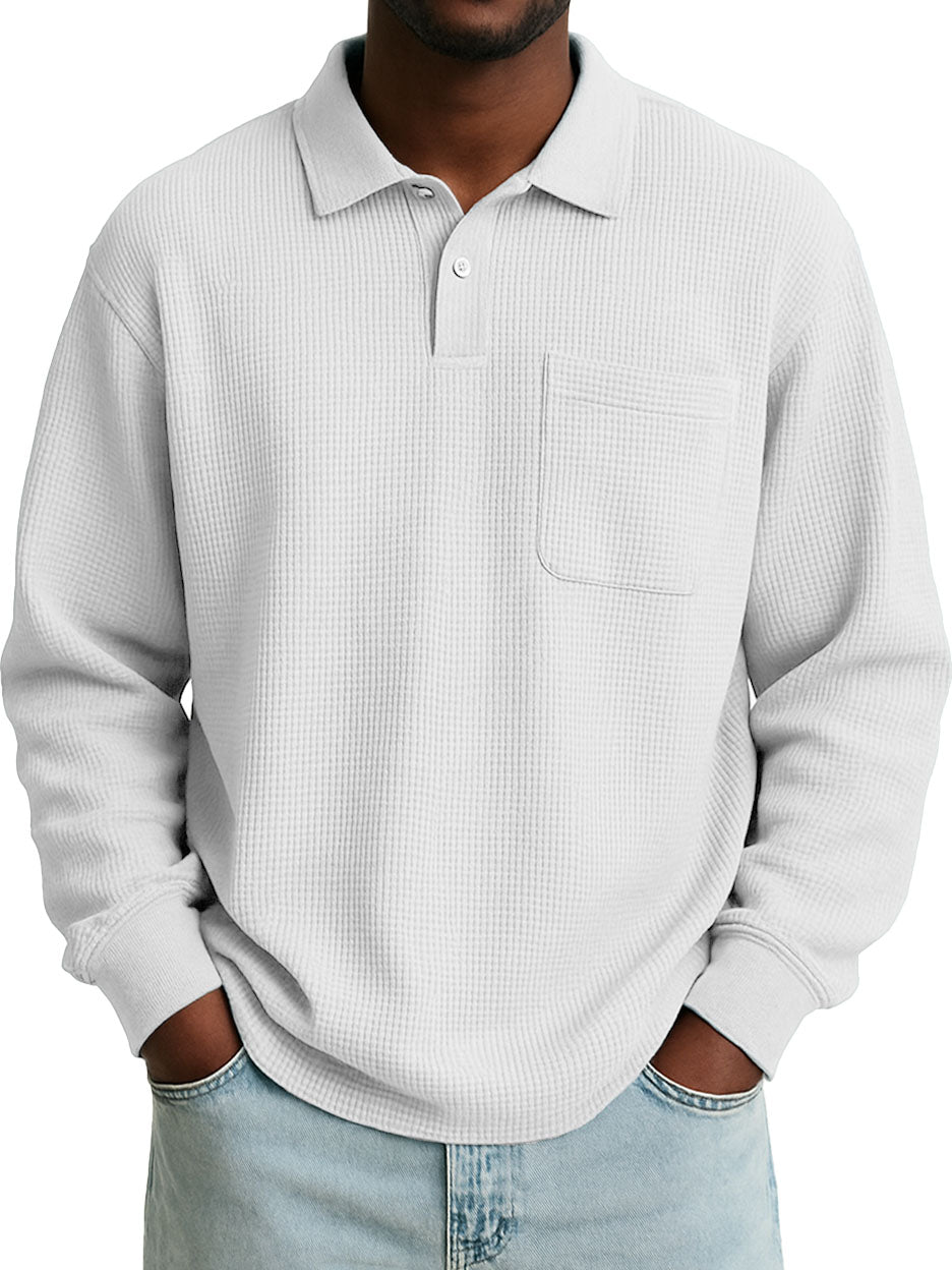 Men's Stylish Casual Everyday Waffle Long-sleeved Lapel Polo Shirt 