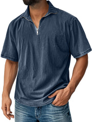 Men's Retro Stand Collar Zipper Casual Solid Color Short Sleeve T-shirt