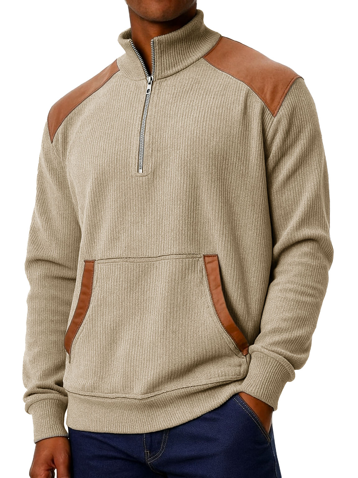 Men's Clothing Fashionable Casual Stitching Pit Strip Corduroy Fabric Pockets Stand Collar Zipper Sweatshirt 