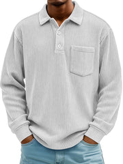 Men's Daily Ribbed Lapel Button-down Casual Pocket Long-sleeved Polo Shirt