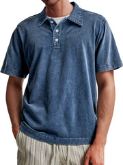 Men's Vintage Washed 100% Cotton Casual Lapel Button Short Sleeve POLO Shirt