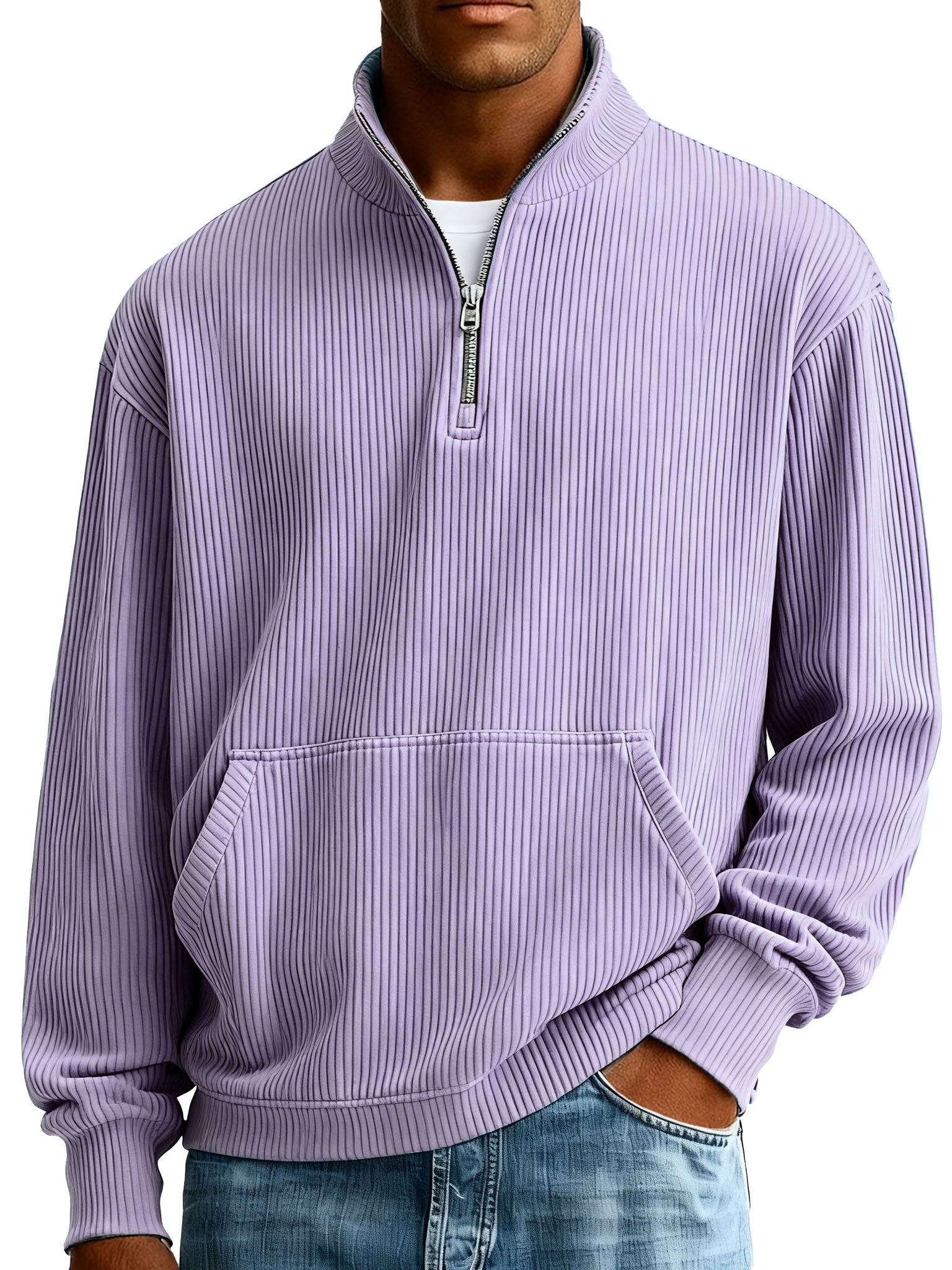  Men's Fashionable Casual Ribbed Fabric Stand-up Collar Half-zip Long-sleeved Sweatshirt