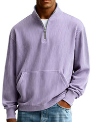  Men's Fashionable Casual Ribbed Fabric Stand-up Collar Half-zip Long-sleeved Sweatshirt