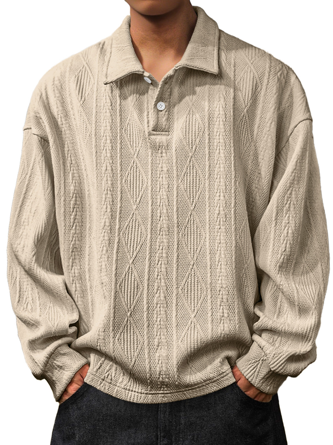 Men's Daily Jacquard Texture Lapel Button Long Sleeved Polo Shirt