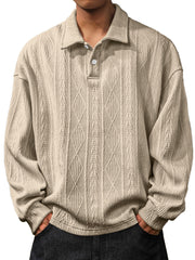 Men's Daily Jacquard Texture Lapel Button Long Sleeved Polo Shirt