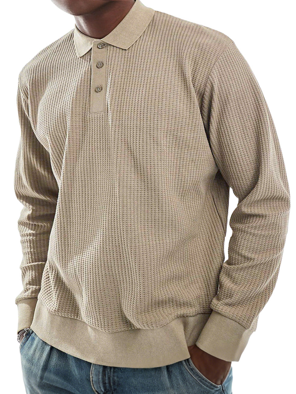 Men's Everyday Waffle Lapel Button-down Casual Long-sleeved Polo Shirt