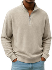 Simple Everyday Waffle Stand-up Collar Zipper Casual Long-sleeved T-shirt