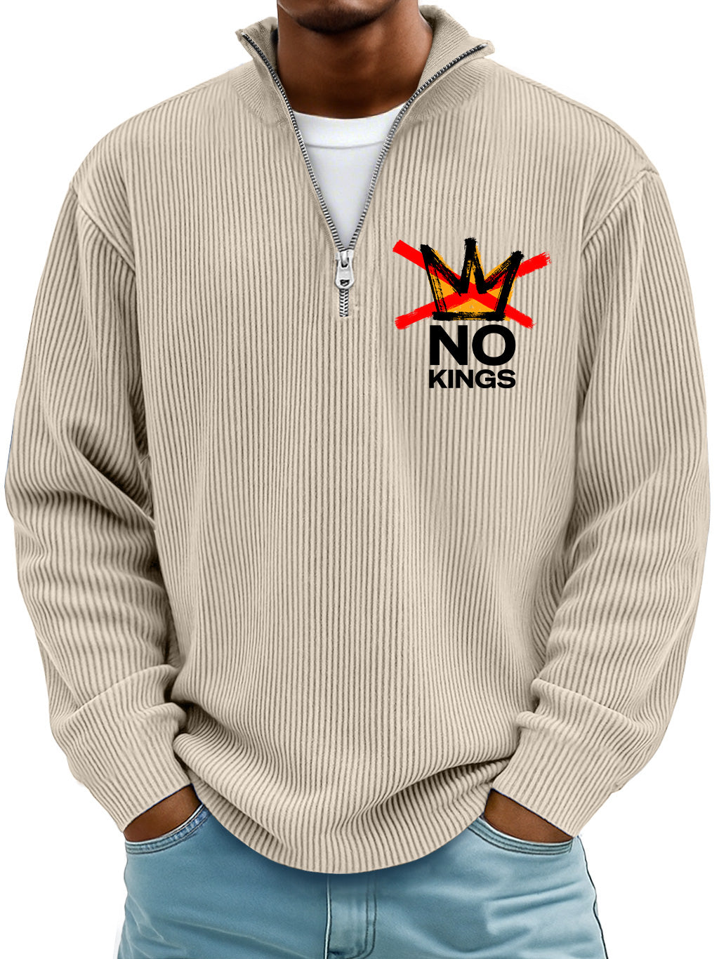 Men's Simple Ribbed No Kings Stand-up Collar Zipper Long-sleeved T-shirt