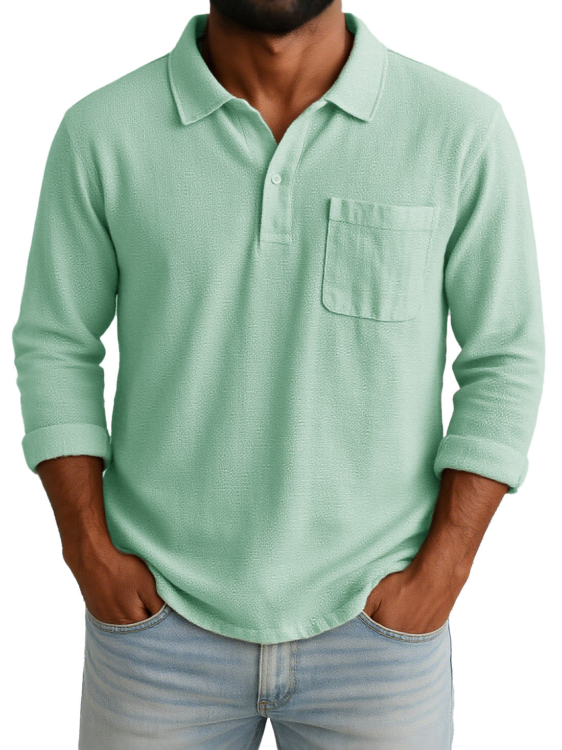 Men's Retro-chic Ramie Fabric Long-sleeved Polo Shirt With Loose-fitting Drawstring Waist And Embroidered Logo 