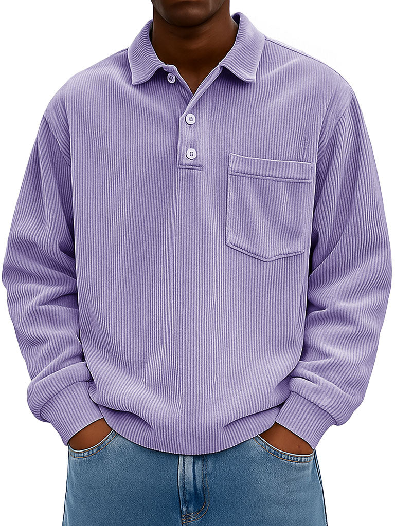 Men's Clothing Fashionable Casual Retro Lapel Corduroy Pit Strip Fabric Long-sleeved Pocket Polo Shirt 