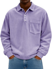 Men's Clothing Fashionable Casual Retro Lapel Corduroy Pit Strip Fabric Long-sleeved Pocket Polo Shirt 