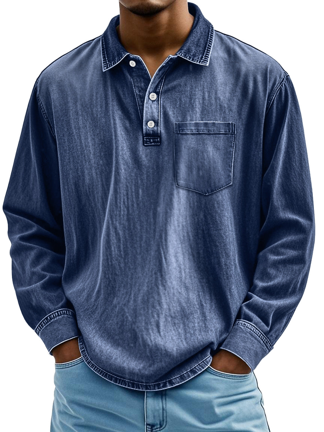 Men's Retro Lapel Button Casual Pocket Comfortable Long Sleeve Polo Shirt