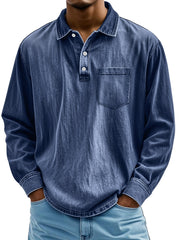 Men's Retro Lapel Button Casual Pocket Comfortable Long Sleeve Polo Shirt