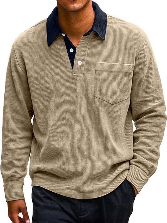Men's Retro Corduroy Lapel Colorblock Casual Long-sleeved Polo Shirt