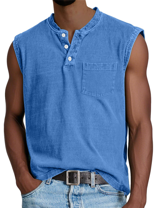 Men's Casual Retro Solid Color Simple Pocket Sleeveless Henley Shirt