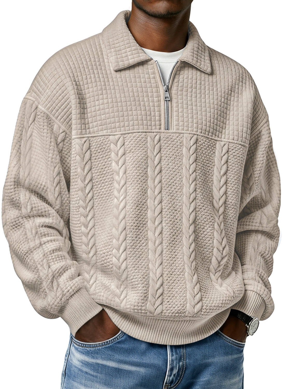 Men's Textured Lapel Zipper Casual Long Sleeve Polo Shirt