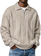 Men's Textured Lapel Zipper Casual Long Sleeve Polo Shirt