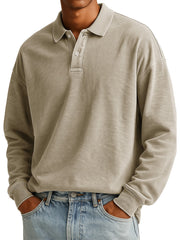  Men's Stylish Casual Padded Lapel Button-stitched Ribbed Long-sleeved Polo Shirt 