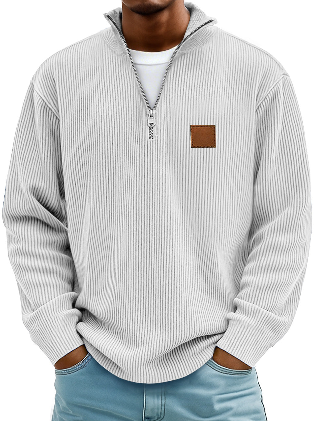 Men's Logo Embroidered Striped Stand Collar Zippered Casual Long Sleeve T-shirt