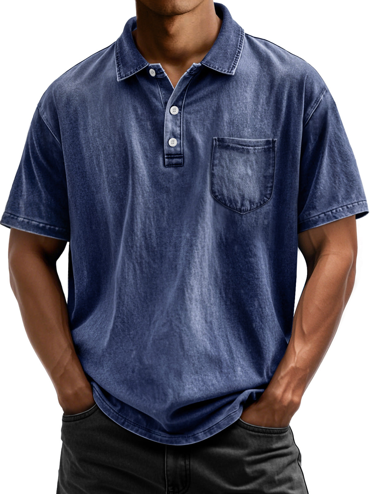 Men's Vintage Cotton Washed Distressed Lapel Pocket Short Sleeve POLO Shirt