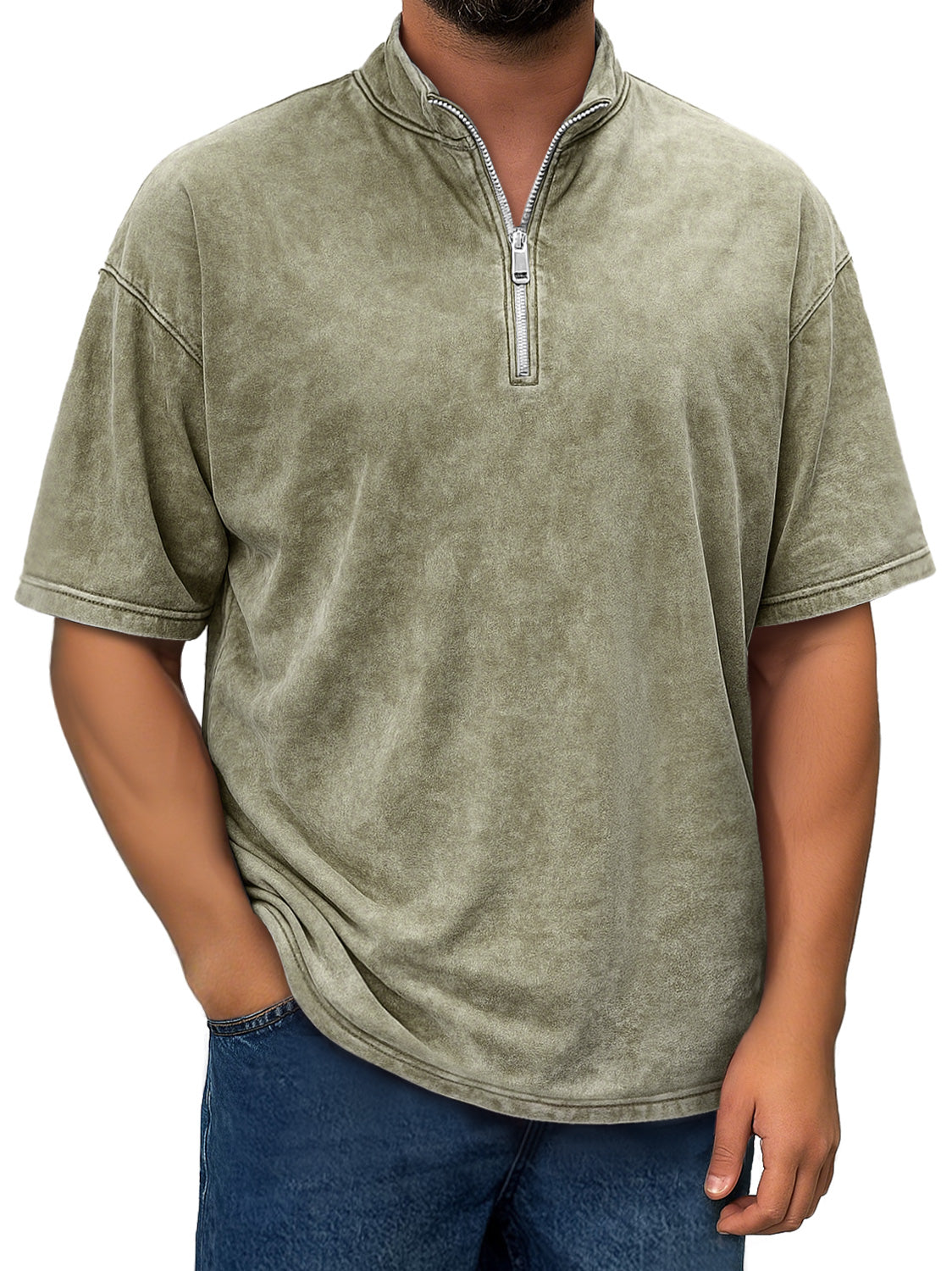 Men's Retro Stand Collar Zipper Casual Short Sleeve T-shirt