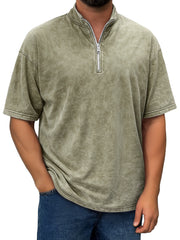 Men's Retro Stand Collar Zipper Casual Short Sleeve T-shirt