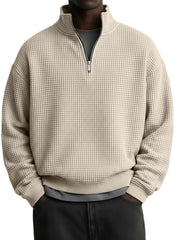 Men's Casual Solid Waffle Fabric Stand Collar Zip Sweatshirt